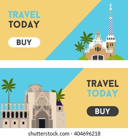 Vector flat material web banner with european landmarks and button. Travel theme. Spain.
