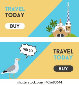 Vector flat material web banner with european landmarks and button. Travel theme. Spain.