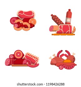 Vector flat meat and sausages icons piles set isolated on white background illustration. Ssausage and ham, sirloin and pork