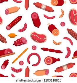 Vector flat meat and sausages icons pattern or background illustration. Seamless pattern sausage and meat food, sirloin and salami