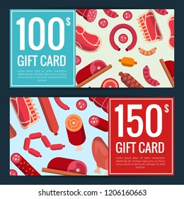 Vector flat meat and sausages icons discount or gift voucher templates illustration