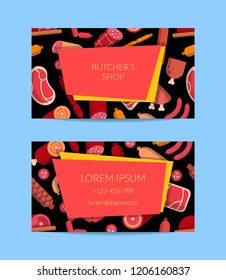 Vector flat meat and sausages icons business card template for butchers shop illustration