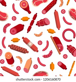 Vector flat meat and sausages icons on white pattern or background illustration