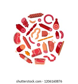 Vector flat meat and sausages icons in circle shape illustration isolated on white