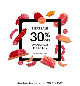 Vector flat meat and sausages icons flying around frame with text illustration