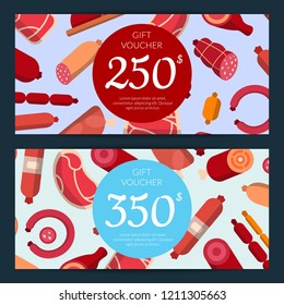 Vector flat meat and sausages icons discount or gift voucher templates illustration with price