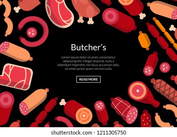 Vector flat meat and sausages icons pattern or background illustration for web page or banner