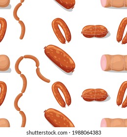 Vector flat meat and sausages icons pattern or background illustration. Seamless pattern sausage and meat food, sirloin and salami