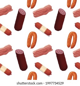 Vector flat meat and sausages icons pattern or background illustration. Seamless pattern sausage and meat food, sirloin and salami