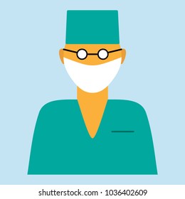 Vector flat medical badge or emblem with male doctor in glasses and bandage on face.