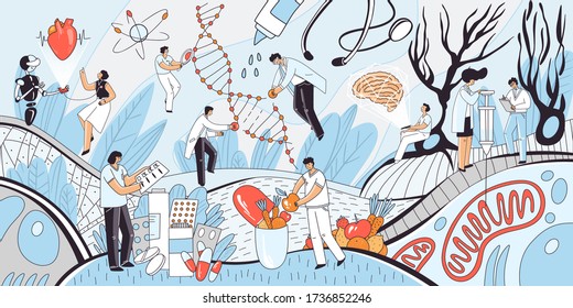 Vector flat medical concept illustration. Heart and brain check up, genetic and cells research, drug and vitamins spot illustrations in one composition with doctor, scientists characters