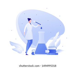 Vector flat medical science character illustration. Woman scientist with lab tube and books. Concept of chemistry, physics, bio engineering, innovation. Design for banner, poster, web, flyer