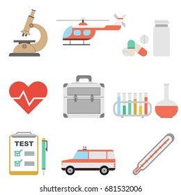 Vector flat medicine icons set. Medical test, pills, heart and test tubes. Microscope, ambulance car and helicopter, doctor suitcase, thermometer