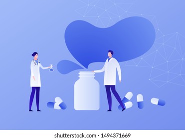 Vector flat medicine illustration. Male and female doctor team and bottle with pills symbol on low poly background. Concept of pharma industry. Design for banner, poster, web