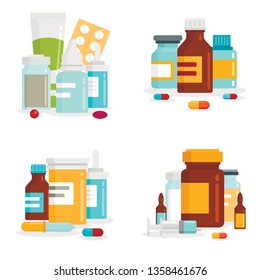 Vector flat medicines, potions and pills piles set isolater on white background. Medical drug for healthcare, medicine pharmacy pills vector illustration