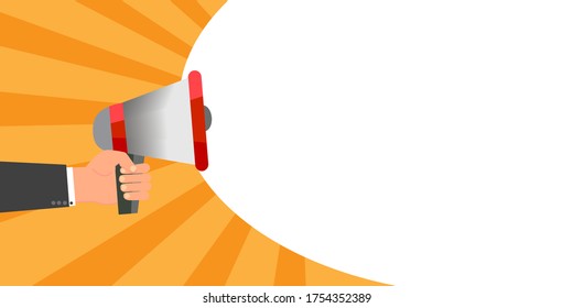 Vector flat megaphone icon. Illustration of a speaker with an alert sign. Hand with a mouthpiece giving advertising.