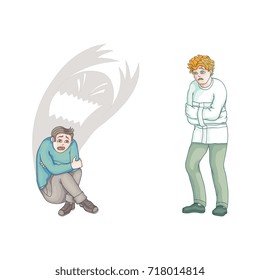 vector flat men in Psychiatric hospital uniform and straitjacket suffering from anxiety, another male character sitting with monster shadow behind him. Isolated illustration on a white background.