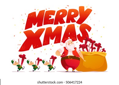 Vector flat merry christmas and happy new year illustration with santa claus and his funny elf with gift box. Cartoon style. Good for Xmas decoration, card design.