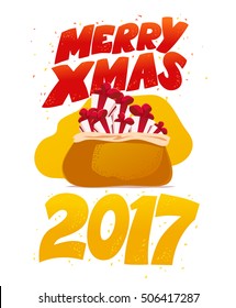 Vector flat merry christmas and happy new year illustration with big bag full of gift box and presents isolated on white background. Cartoon style. Good for xmas card.