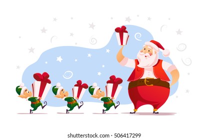 Vector flat merry christmas and happy new year illustration with santa claus and his funny elves with gift box. Cartoon style. Good for Xmas decoration, card design.