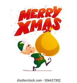 Vector flat merry christmas and happy new year illustration with funny elf with gift isolated on white background. Cartoon style. Good for Xmas decoration, card design.