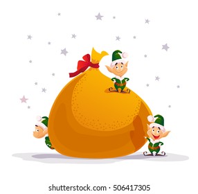 Vector flat merry christmas and happy new year illustration with funny elves with gift isolated on white background. Cartoon style. Good for Xmas decoration, card design.