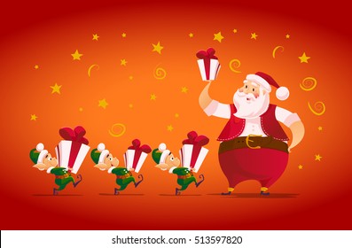 Vector flat merry christmas and happy new year illustration with santa claus and his funny elf with gift box. Cartoon style. Good for Xmas decoration, card design.