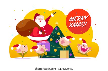 Vector flat Merry Christmas illustration with Santa Claus, cute pig elf decorate New year fir tree, xmas holiday congratulation isolated on white background. Web banner, advertisement, card, packaging