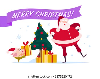Vector flat Merry Christmas illustration with Santa Claus, cute pig elf at decorated New year fir tree carry gift box, xmas holiday congratulation isolated on white background. Web banner, package.