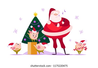 Vector flat Merry Christmas illustration with Santa Claus, cute pig elf at decorated New year fir tree, xmas holiday congratulation isolated on white background. Web banner, advertisement, packaging