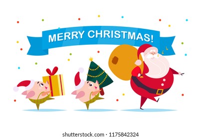 Vector flat Merry Christmas illustration of Santa Claus with gift bag, cute pig elf with decorated New year fir tree, xmas gift box walking isolated on white background. Web banner, advertisement card