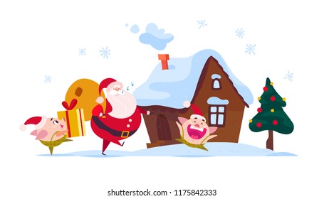 Vector flat Merry Christmas illustration of Santa Claus with gift bag, cute pig elf carry gift box, ginger house, decorated New year fir tree isolated on white background. Web banner, advertisement.