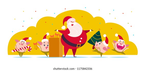 Vector flat Merry Christmas illustration: Santa Claus, cute pig elf with decorated New year fir tree, bells, candy lollipop isolated on white background. Xmas holiday congratulation. Web banner, card.