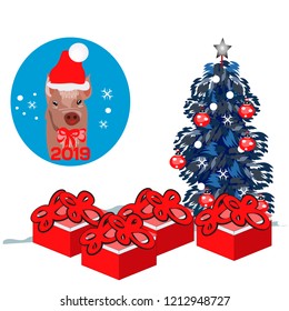 Vector flat Merry Christmas illustration cute pig santa with present gift boxes, decorated fir tree isolated on white background. Web banner, advertisement.