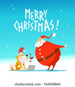 Vector flat merry christmas illustration with happy santa and dog in santa hat isolated with laptop on white background. Cartoon style. Good for holiday banner, leaflet, card design.
