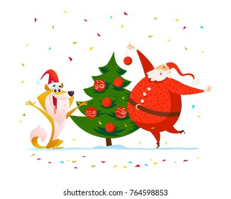 Vector flat merry christmas illustration with happy santa and dog in santa hat decorating new year fir tree isolated on white background. Cartoon style. Good for holiday banner, leaflet, card design.