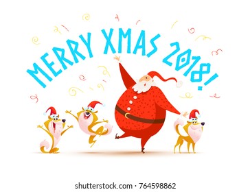 Vector flat merry christmas illustration with happy santa and dog in santa hat isolated on white background. Cartoon style. Good for holiday banner, leaflet, card design.