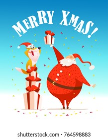 Vector flat merry christmas illustration with happy santa and dog in santa hat sitting on gift boxes isolated on blue background. Cartoon style. Good for holiday banner, winter leaflet, card design.
