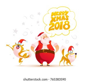 Vector flat merry christmas illustration with happy santa  and two dogs in santa hat isolated on white background. Cartoon style. Good for holiday banner card design. Text message congratulation.