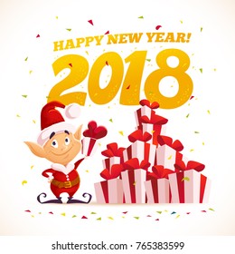 Vector flat merry christmas illustration with santa elf and gift boxes pile isolated. Text congratulation, lettering. Cartoon style. Good for holiday banner, card design.