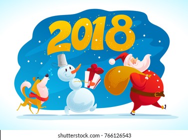 Vector flat merry christmas illustration with dog, snowman, santa walking isolated with christmas presents. Cartoon style. Good for holiday banner, congratulation card design.