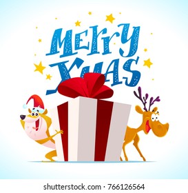 Vector Flat Merry Christmas Illustration Funny Stock Vector (Royalty ...