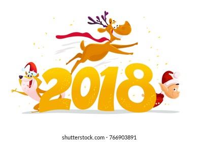 Vector flat merry christmas illustration with funny dog in santa hat, flying deer and santa elf isolated on white background. Cartoon style. Good for holiday banner, card design.