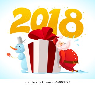 Vector flat merry christmas illustration with snowman, big gift box with red bow and santa claus isolated on white background. Cartoon style. Good for holiday banner, congratulation card design.
