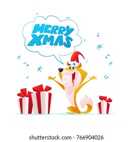Vector flat merry christmas illustration with happy cute dog in santa hat and gift boxes and presents pile isolated. Cartoon style. Good for holiday banner, congratulation card design.