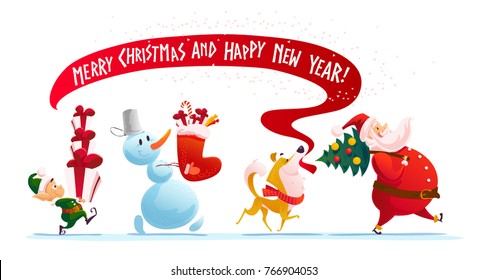 Vector flat merry christmas illustration with elf, dog, snowman, santa walking isolated with christmas presents. Cartoon style. Good for holiday banner, congratulation card design.