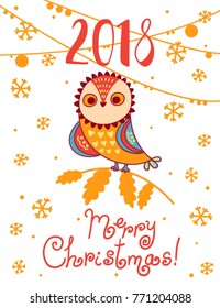 Vector flat merry christmas illustration with cute owl isolated on white background. Cartoon style. Good for holiday banner, card design.