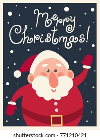 Vector flat merry christmas illustration with santa isolated on dark blue background. Cartoon style. Good for holiday banner, card design.