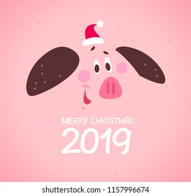 Vector flat Merry Christmas poster design with smiling pig face in Santa hat and text congratulation isolated on pink background. Good for cards, party leaflets, invitations, package, web banners etc.