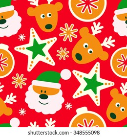 Vector plano Feliz Navidad sin fisuras con Santa Claus, Elves, estrellas, bola de Navidad, etc. Se puede utilizar un patrón sin inconvenientes para fondos de paredes, rellenos de patrones, fondos de páginas web